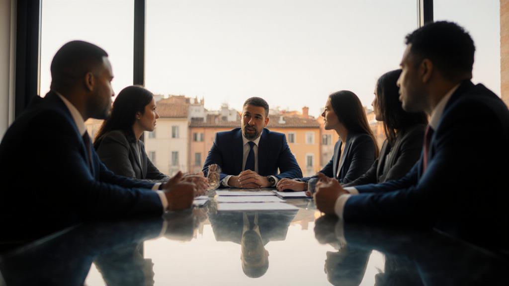 Team dirigente che discute la strategia di riassetto aziendale in un ufficio moderno