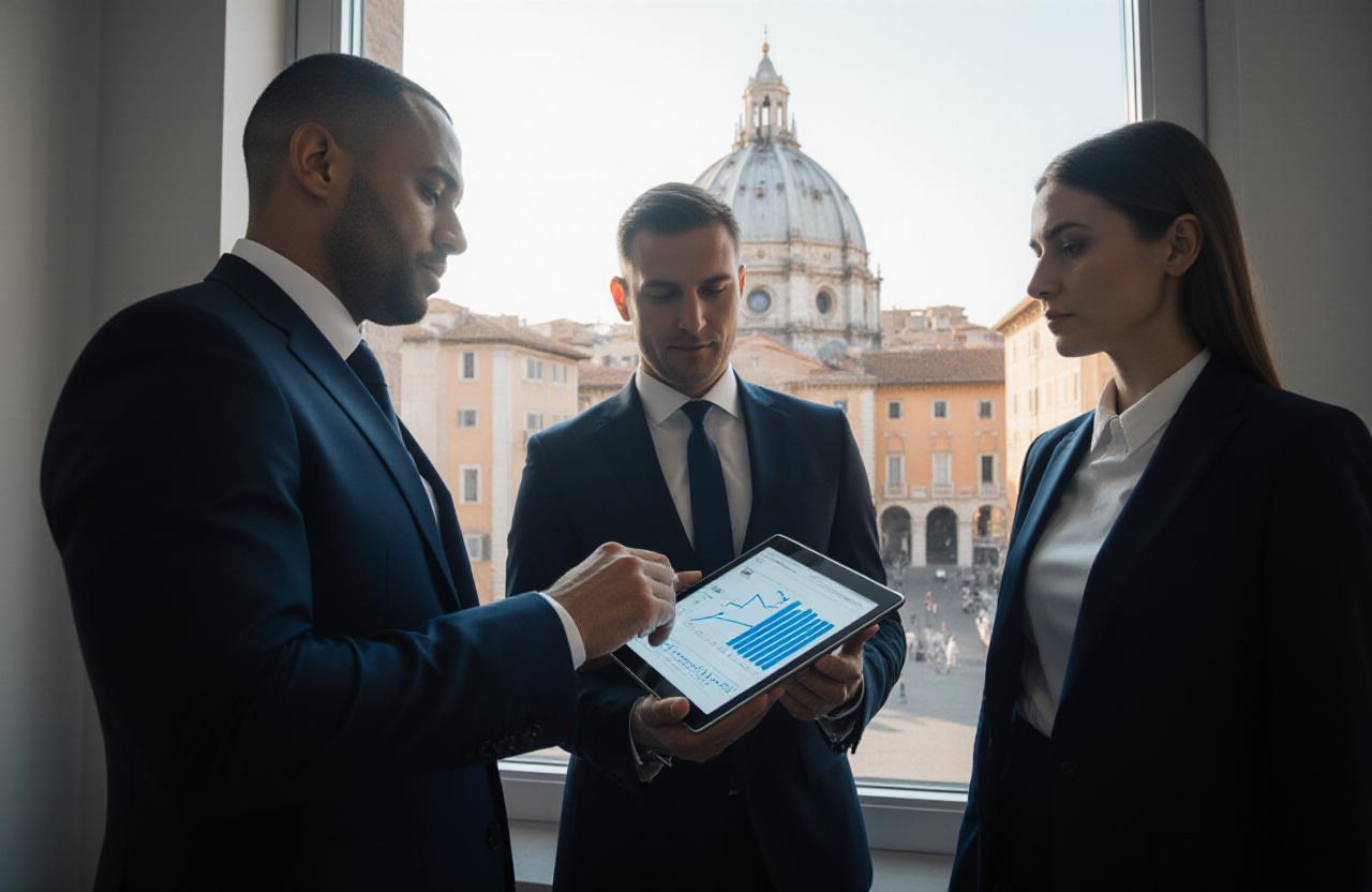 Team di consulenza che analizza dati strategici in un ufficio moderno di Roma