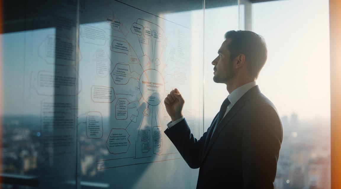 Imprenditore che analizza un piano strategico in un ufficio moderno